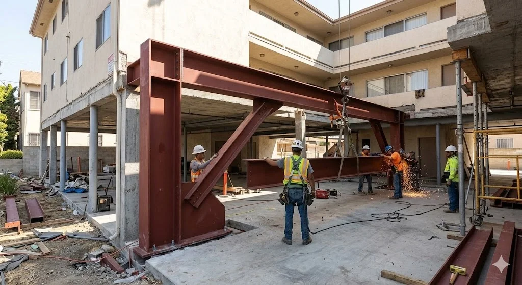Soft story retrofit steel frame installation in Glendale – Villa Bella Construction